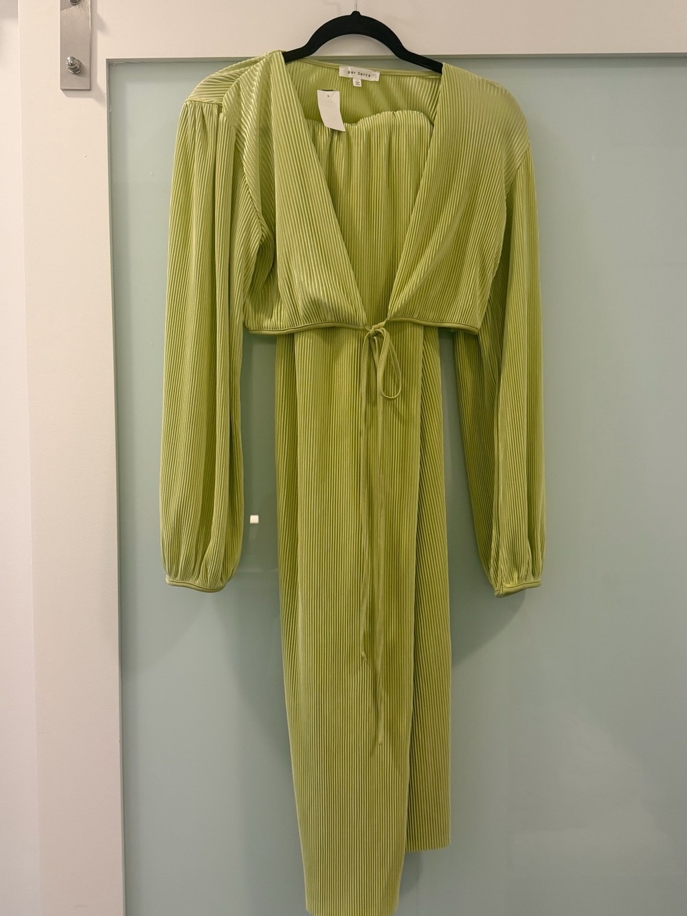 Long Sleeve Pleated Two Piece Set in Lime Green with Tie Front